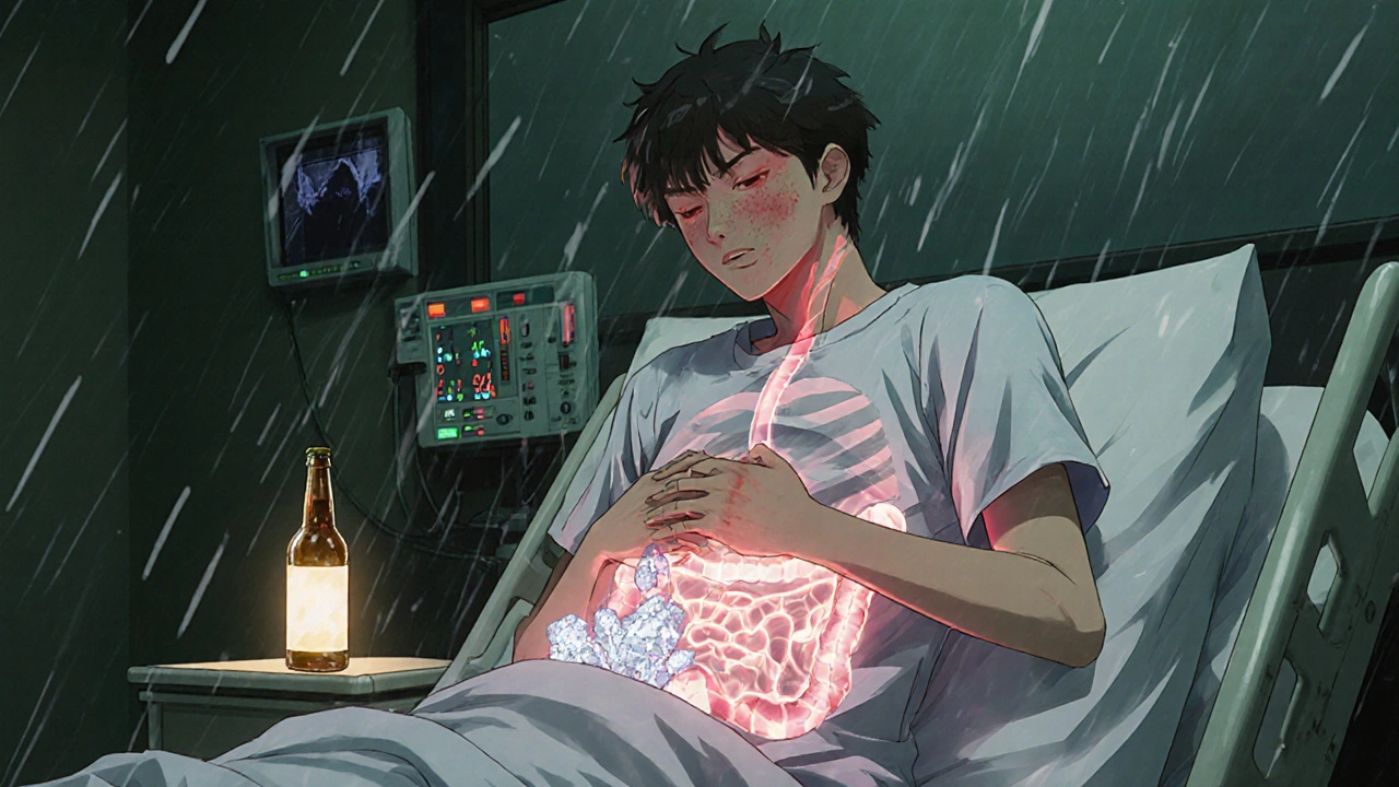 A man in pain on a hospital bed, his intestines blocked by crystals from alcohol-drug interaction.