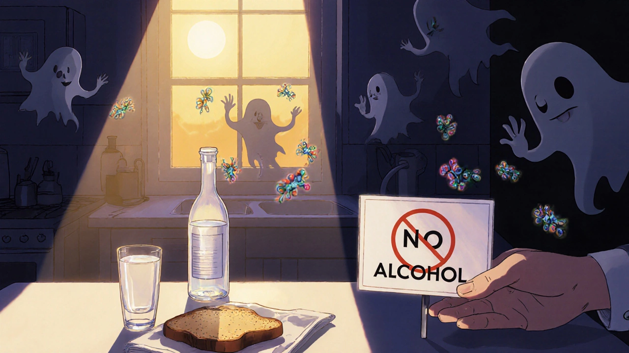 A peaceful kitchen with water, toast, and a pill bottle as alcohol spirits fade away.