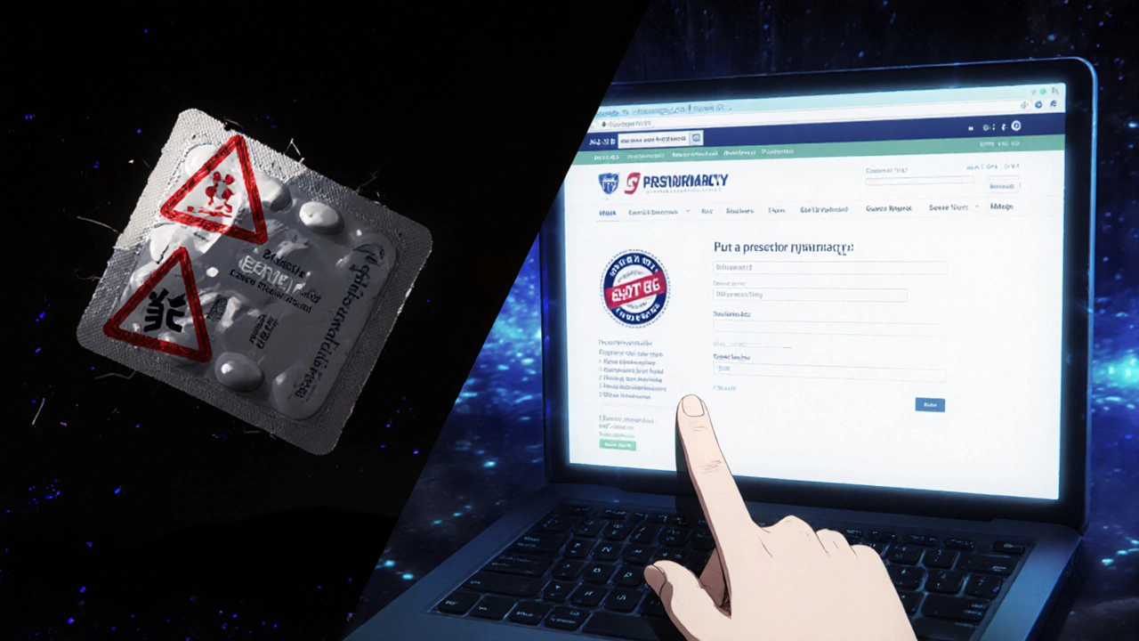 Split scene: counterfeit Evista package in darkness vs. legitimate pharmacy website with ARTG seal in light.