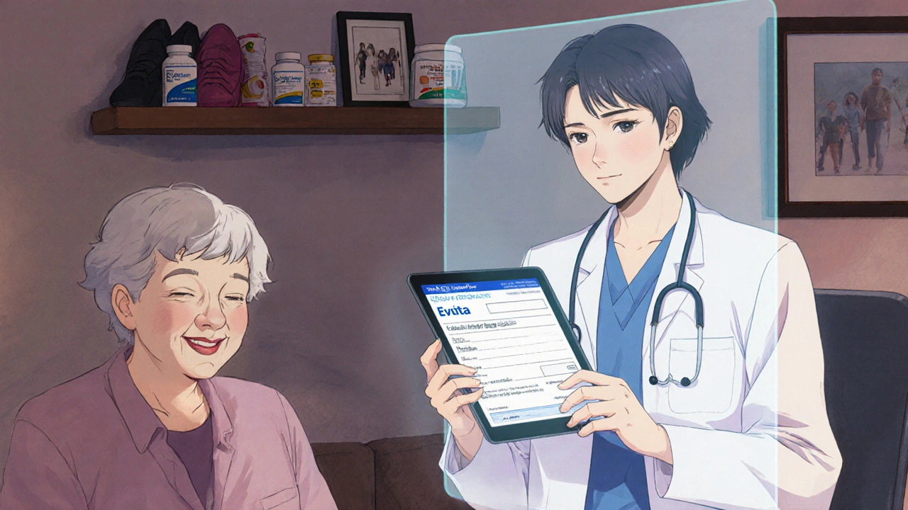 Telehealth consultation with doctor projecting prescription to patient at home, supplements visible in background.