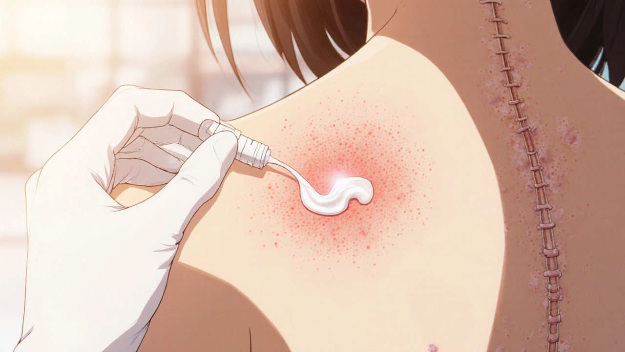 A hand gently applies betamethasone cream to a red, scaly skin patch on the back, with subtle lesion patterns visible.