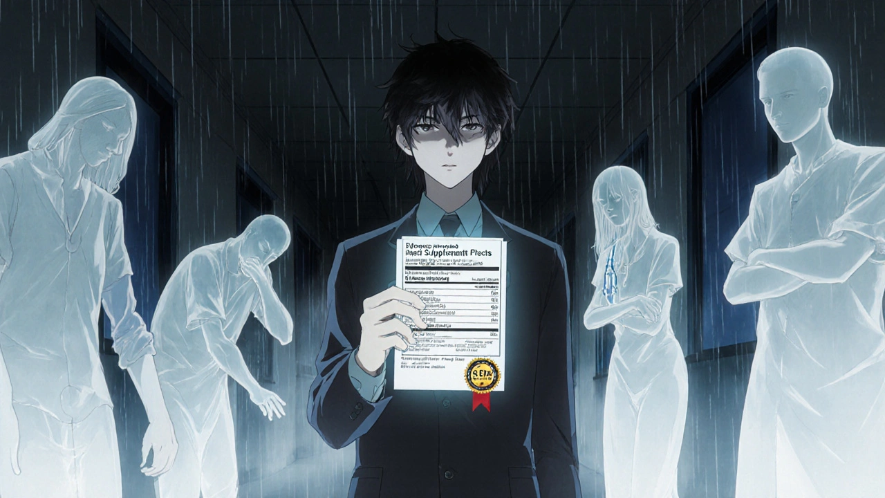 A person in a hospital hallway holding a supplement label photo, surrounded by ghostly figures of those harmed by unseen interactions.