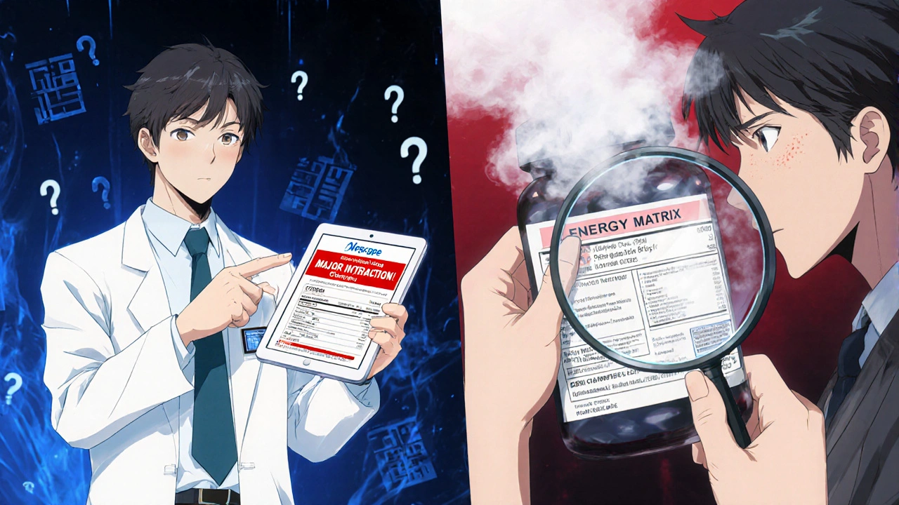 A pharmacist showing a drug interaction alert on a tablet while a consumer examines a supplement label with a magnifying glass.