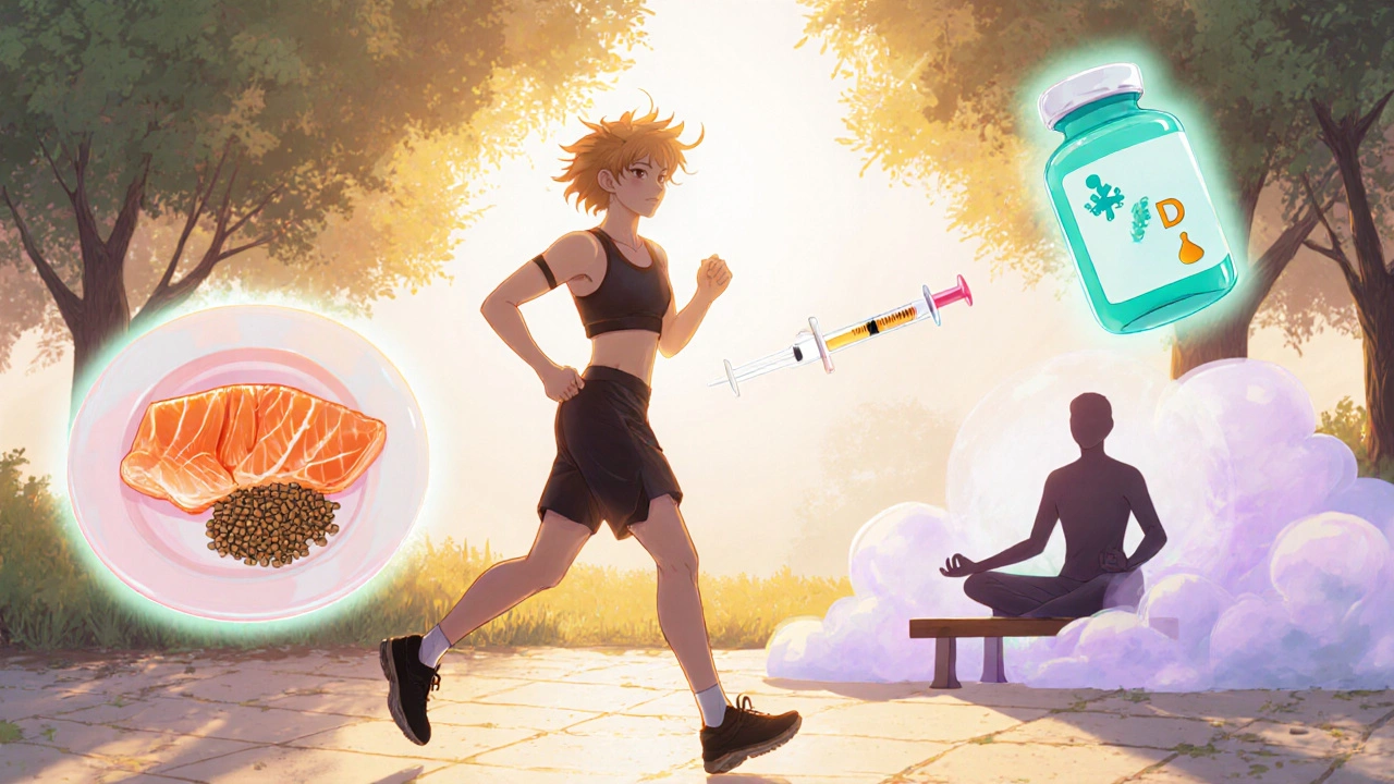 Anime character exercising, sunlight, and meditation surrounded by a gentle glow representing lowered inflammation.