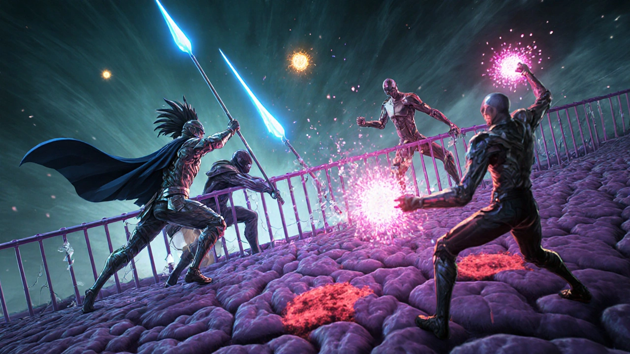 Anime scene of T cells, B cells, and microglia entering the brain, releasing cytokine sparks and forming lesions.