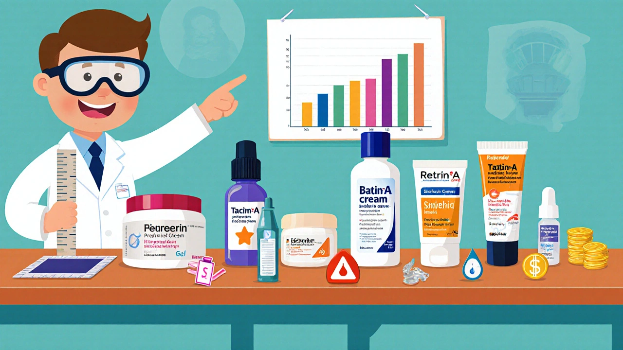 Cartoon lab table comparing Differin, Tazorac, Retin‑A Micro, Retinol, Bakuchiol, and Azelaic Acid bottles.