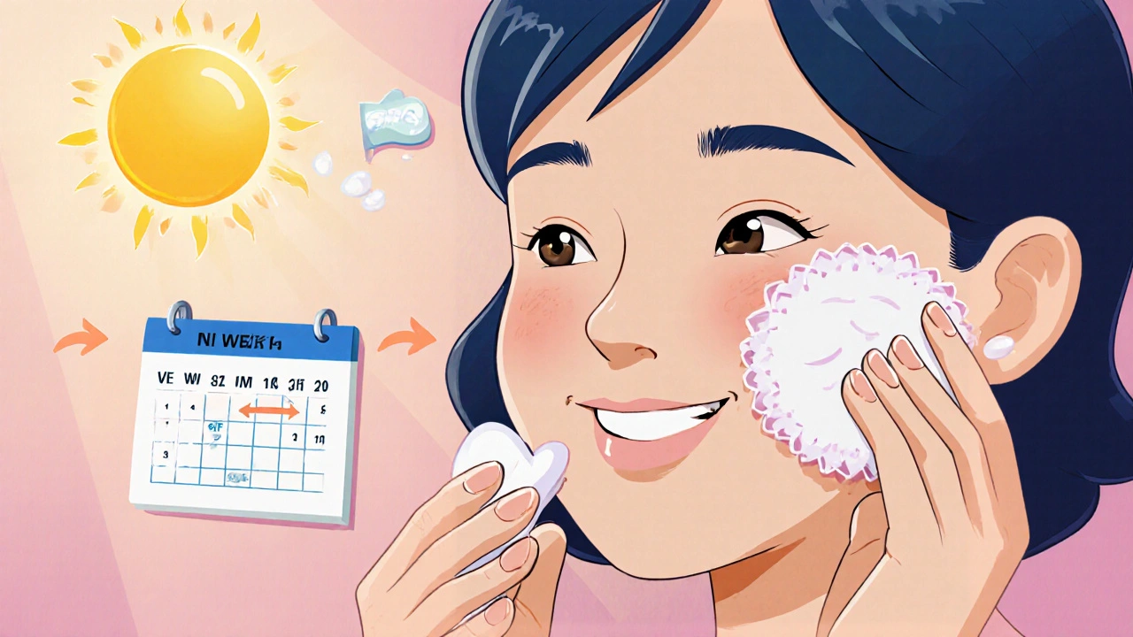 Character applying Retin A Gel at night, followed by moisturizer and sunscreen, with a weekly progress calendar.