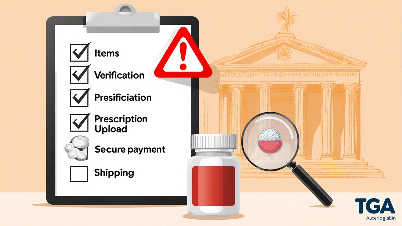 Checklist clipboard with warning signs, magnifying glass, and regulatory building background.