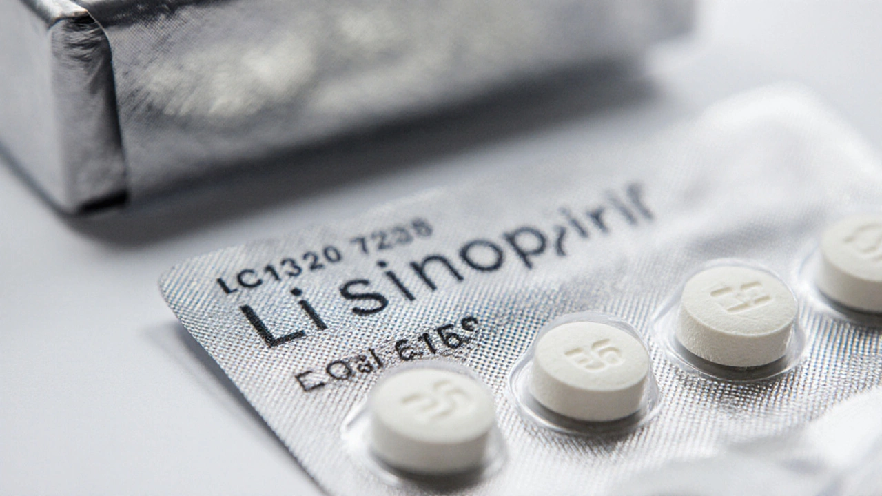 Close‑up of a lisinopril blister pack showing tablets, batch number, and expiry date.
