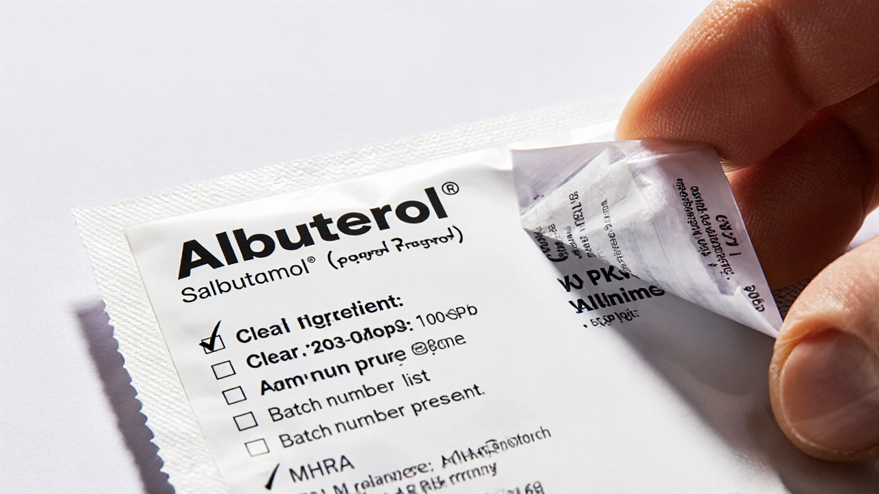 Close‑up of albuterol inhaler box displaying ingredient, dosage, batch number, and seal.