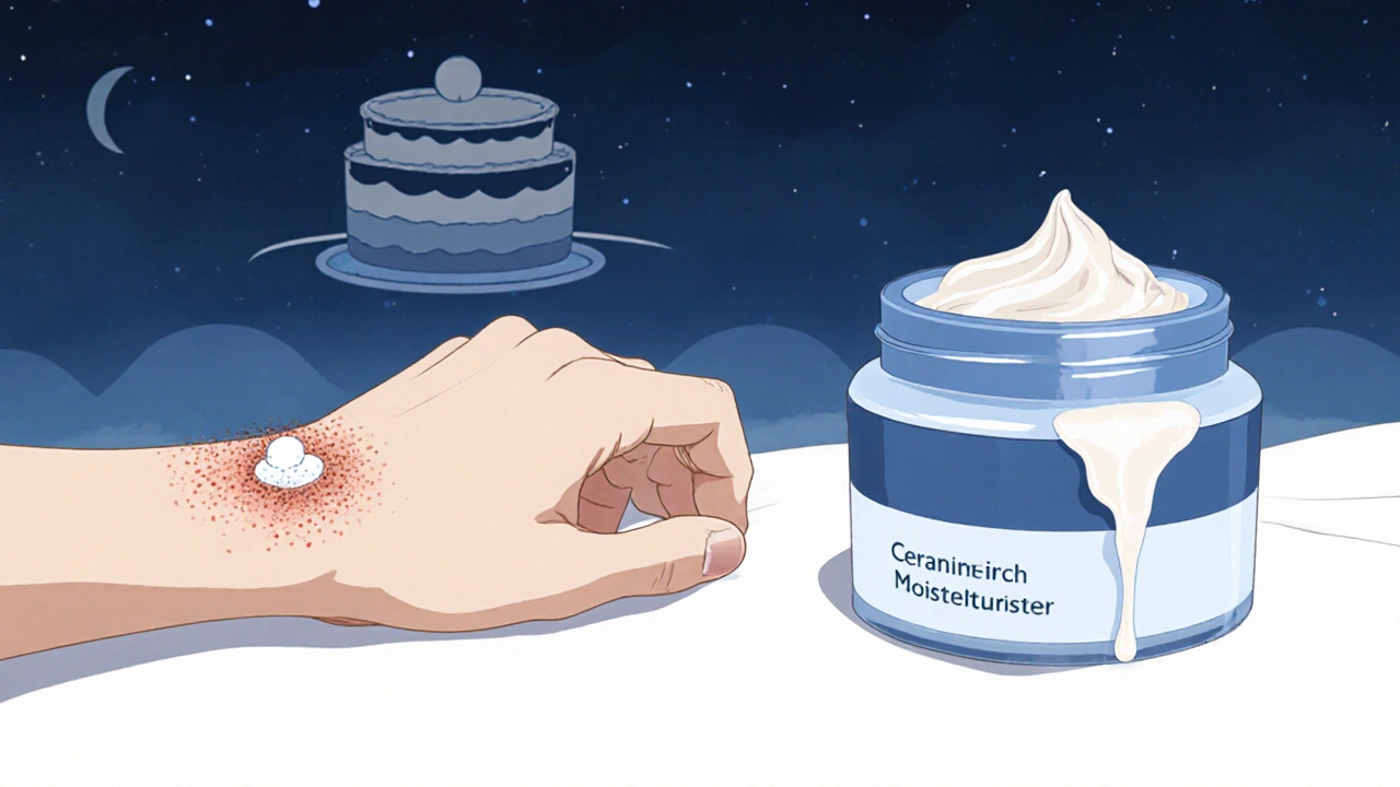 Close‑up of hand applying calcipotriene to a psoriasis plaque, next to a moisturizer jar.
