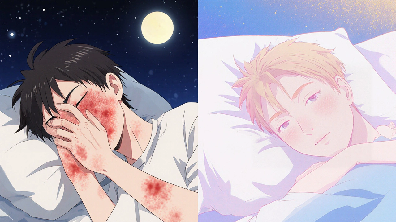 Contrasting scenes of restless night scratching versus peaceful sleep, showing skin’s transformation from irritation to calm.