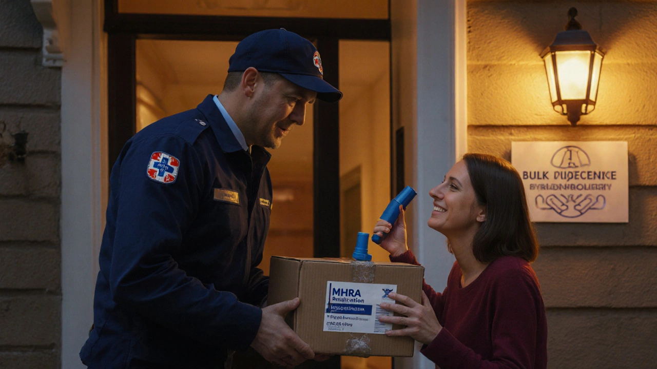 Customer receiving a sealed inhaler box at home with a courier, showing safe delivery.