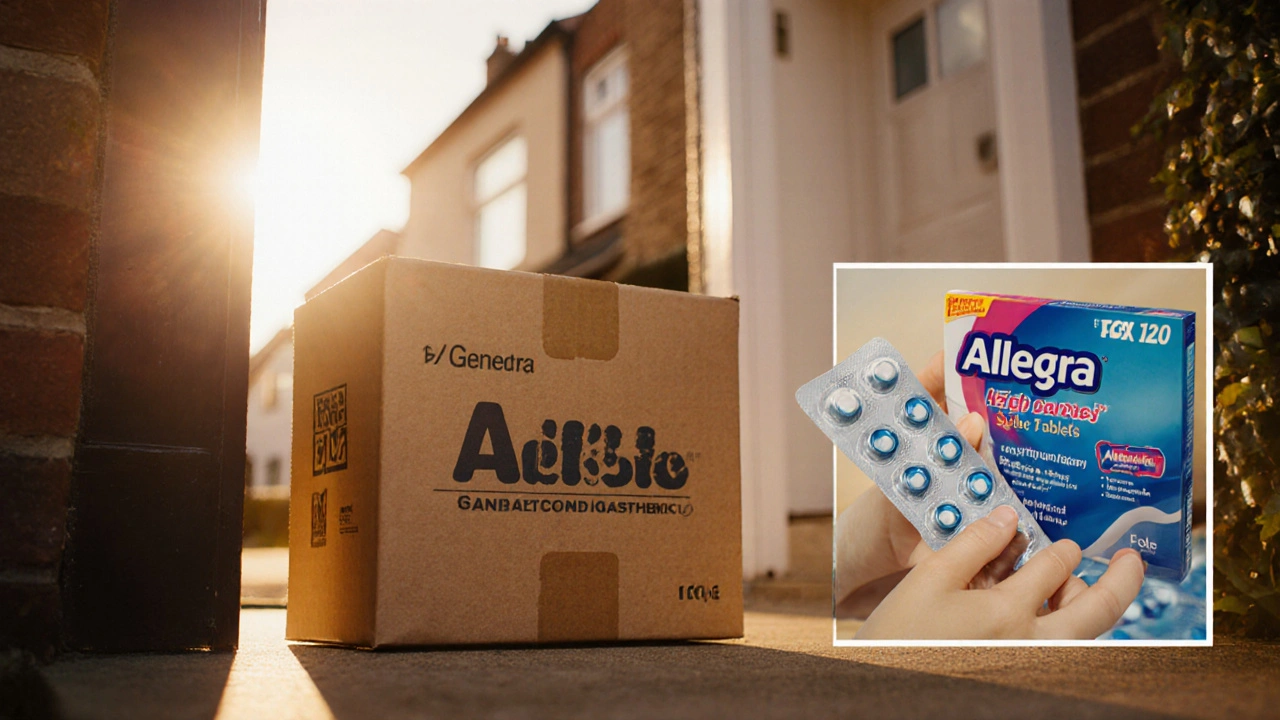 Delivered parcel on doorstep with opened blister pack of Allegra tablets.