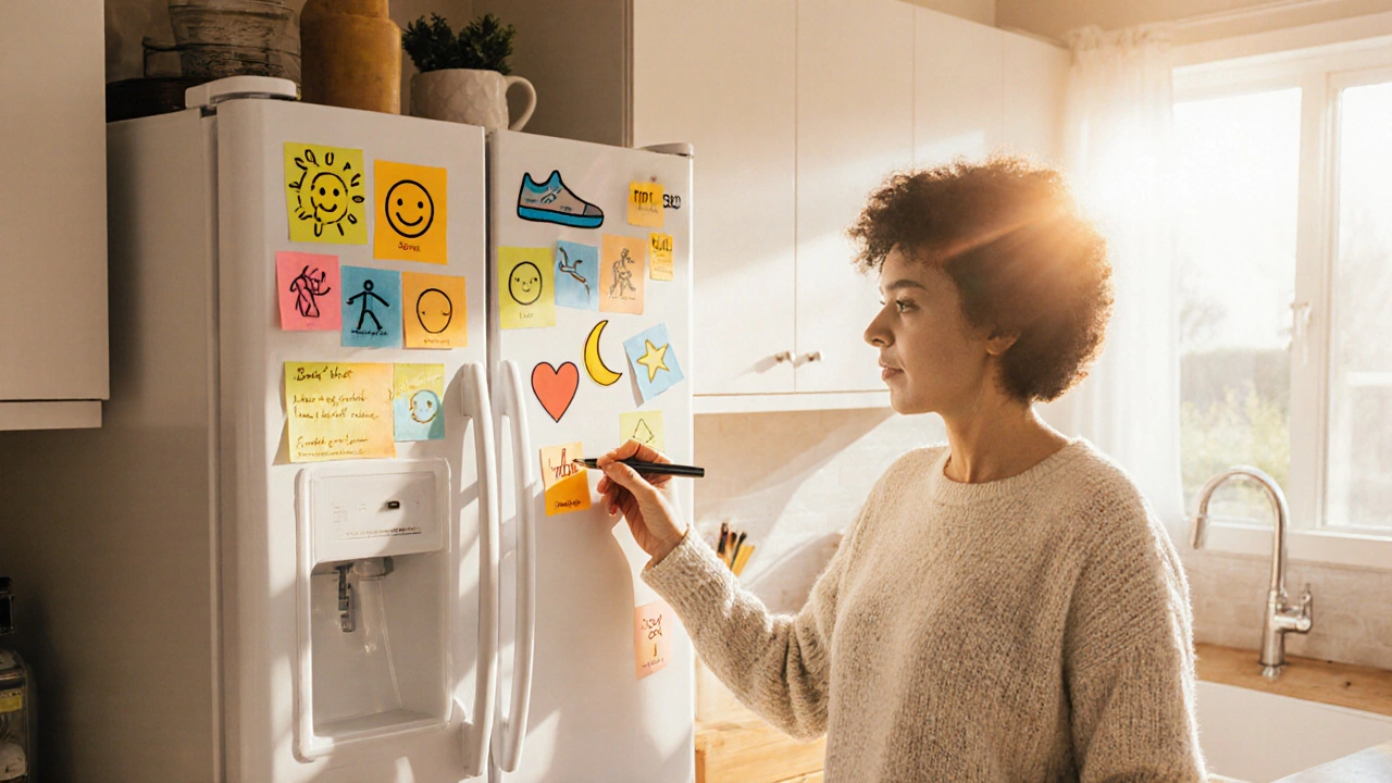 Digital kitchen illustration with a fridge displaying a colorful emotional‑wellness checklist.