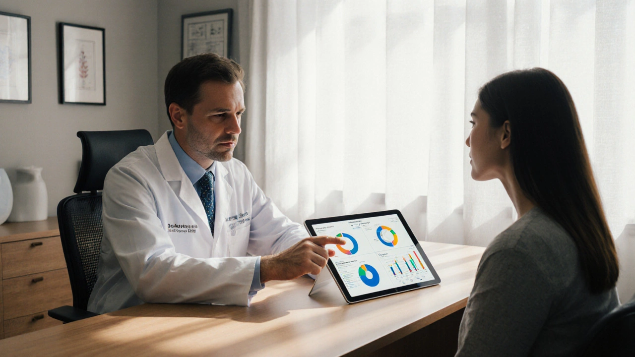 Doctor and patient discussing treatment, tablet visible, in a bright clinic.