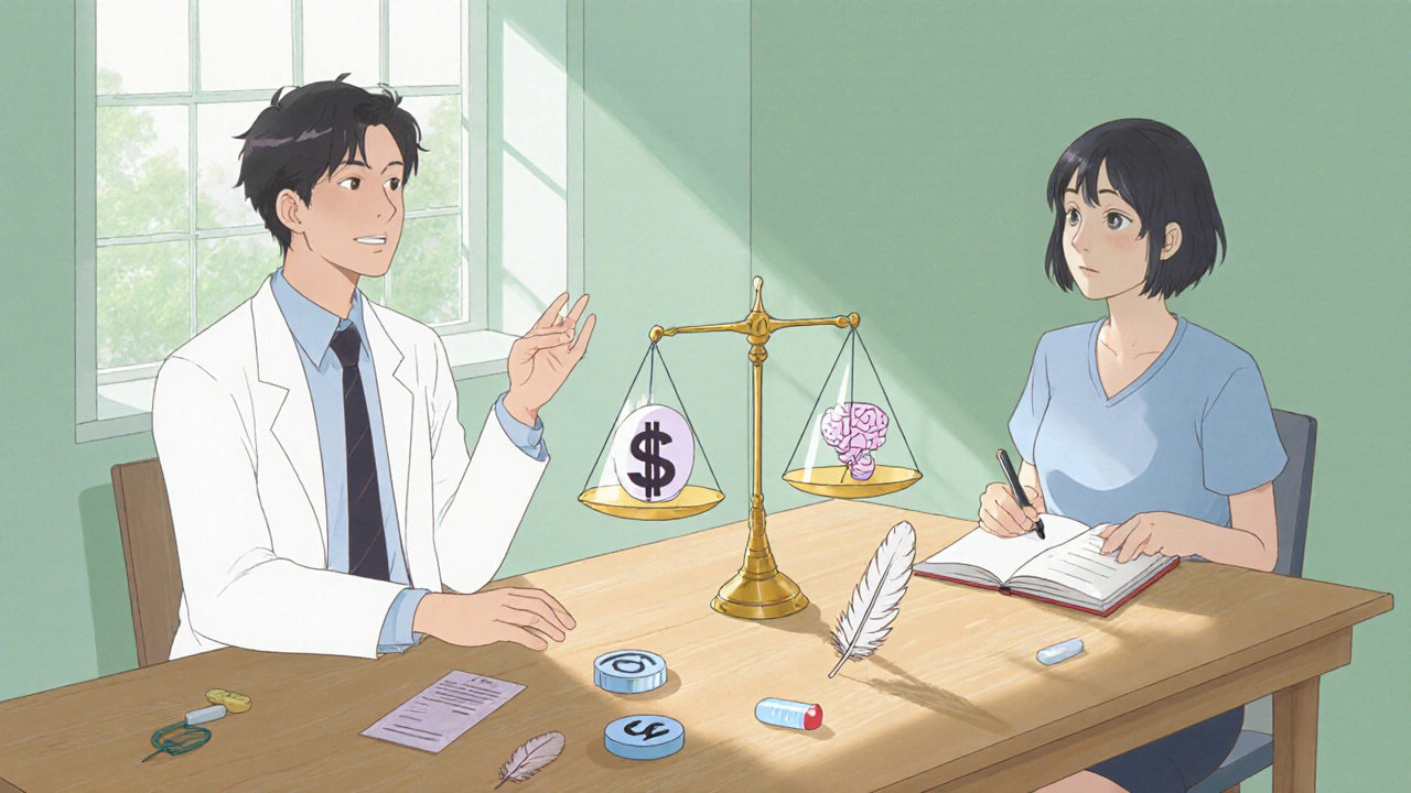 Doctor and patient reviewing a scale balancing lamotrigine with cost and side‑effect icons.