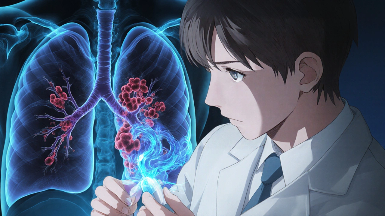 Doctor viewing holographic lung as blue plasma from tablet targets infection.