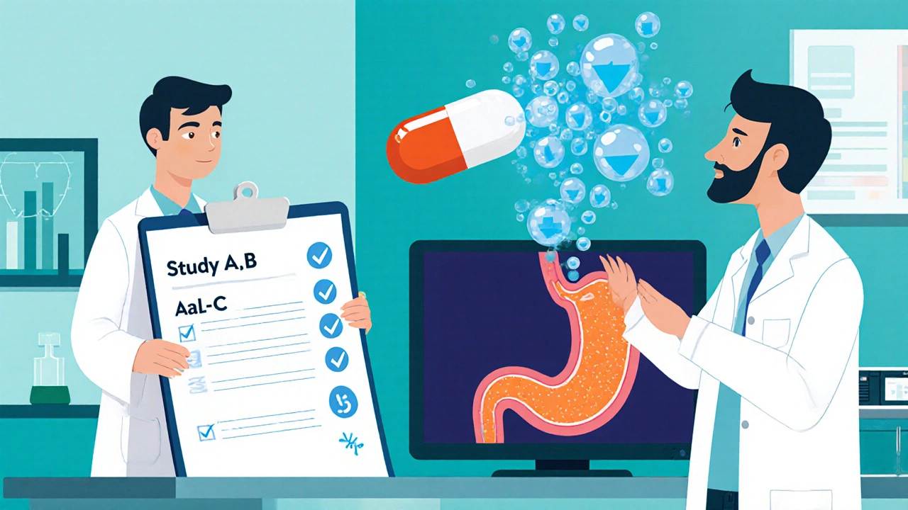 Doctors view endoscopic monitor of shrinking Barrett's segment with dual‑release pill releasing bubbles.