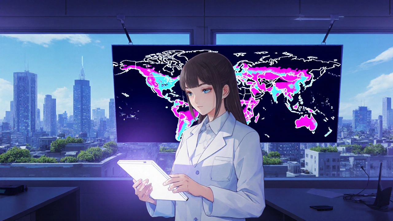 Epidemiologist in lab holding tablet showing expanding parasite heat map over world.
