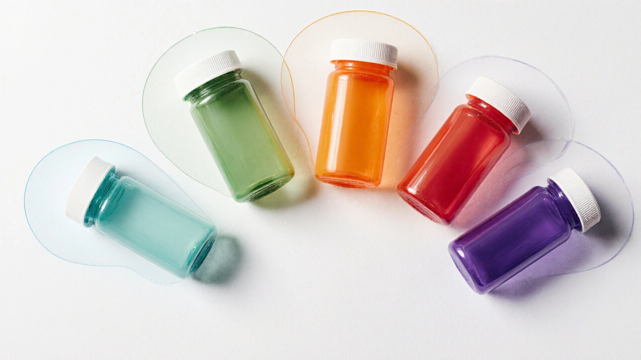 Five colored diuretic pill bottles arranged on a white surface with glowing halos.
