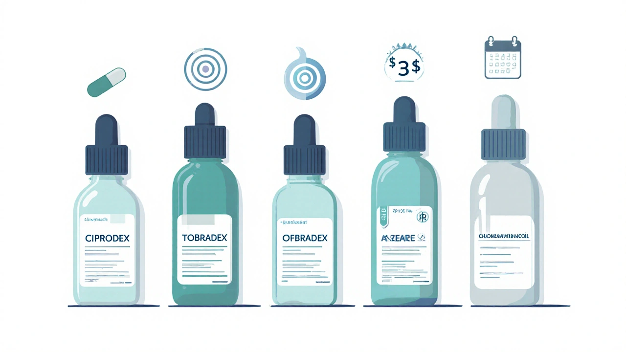 Five eye‑drop bottles displayed side by side, each with visual icons representing antibiotic, steroid, dosage, and cost.
