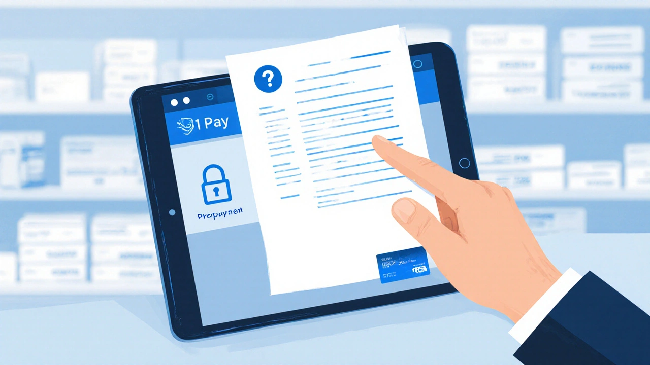 Hand uploading prescription to tablet with lock icon and credit‑card payment symbol.