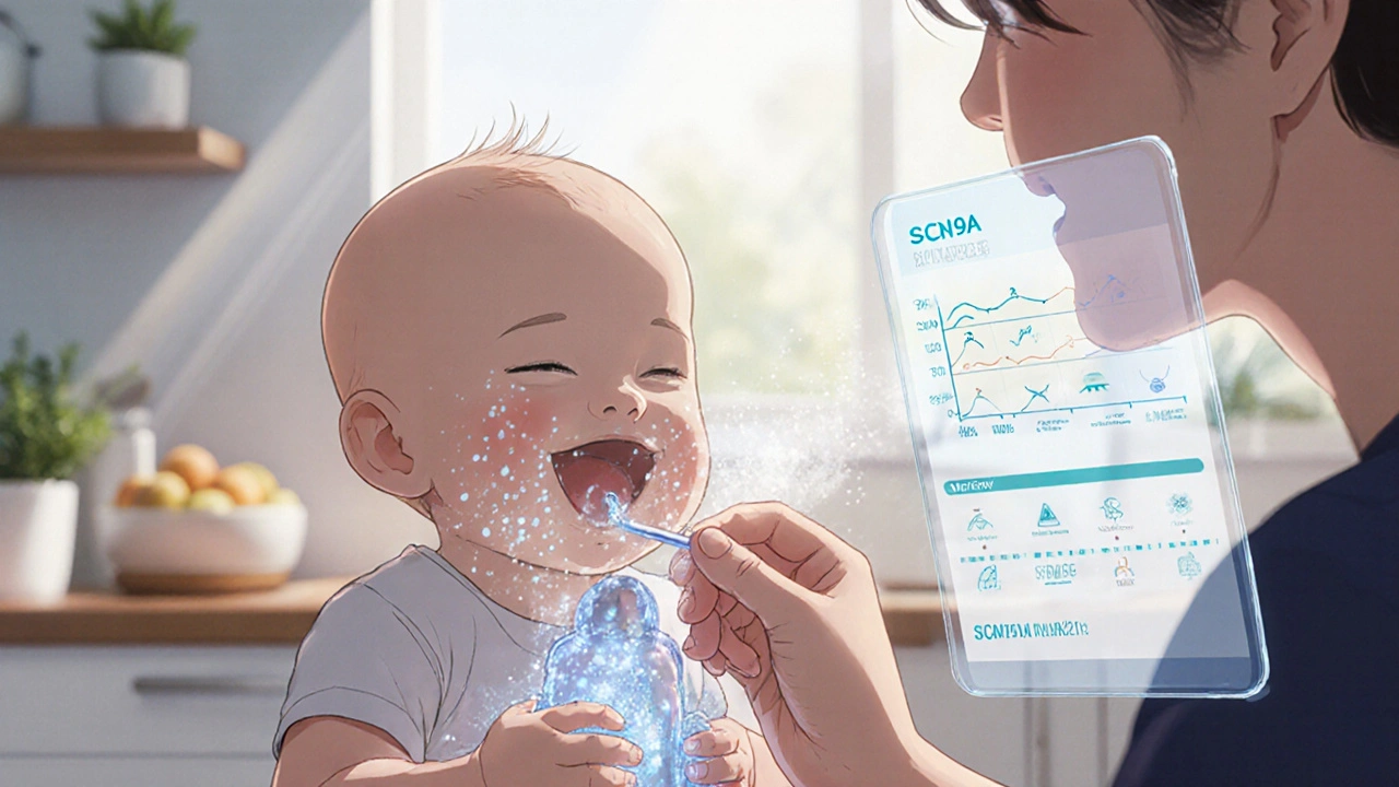 Happy baby with cold teething toy, parent using cheek swab, holographic gene chart.