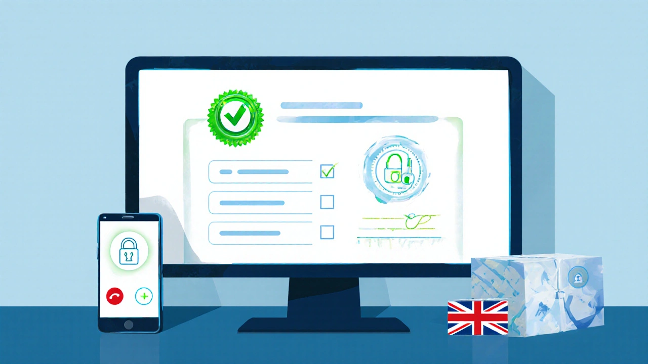 Illustration of online pharmacy checklist with licence badge, padlock, phone call, and discreet shipping box.