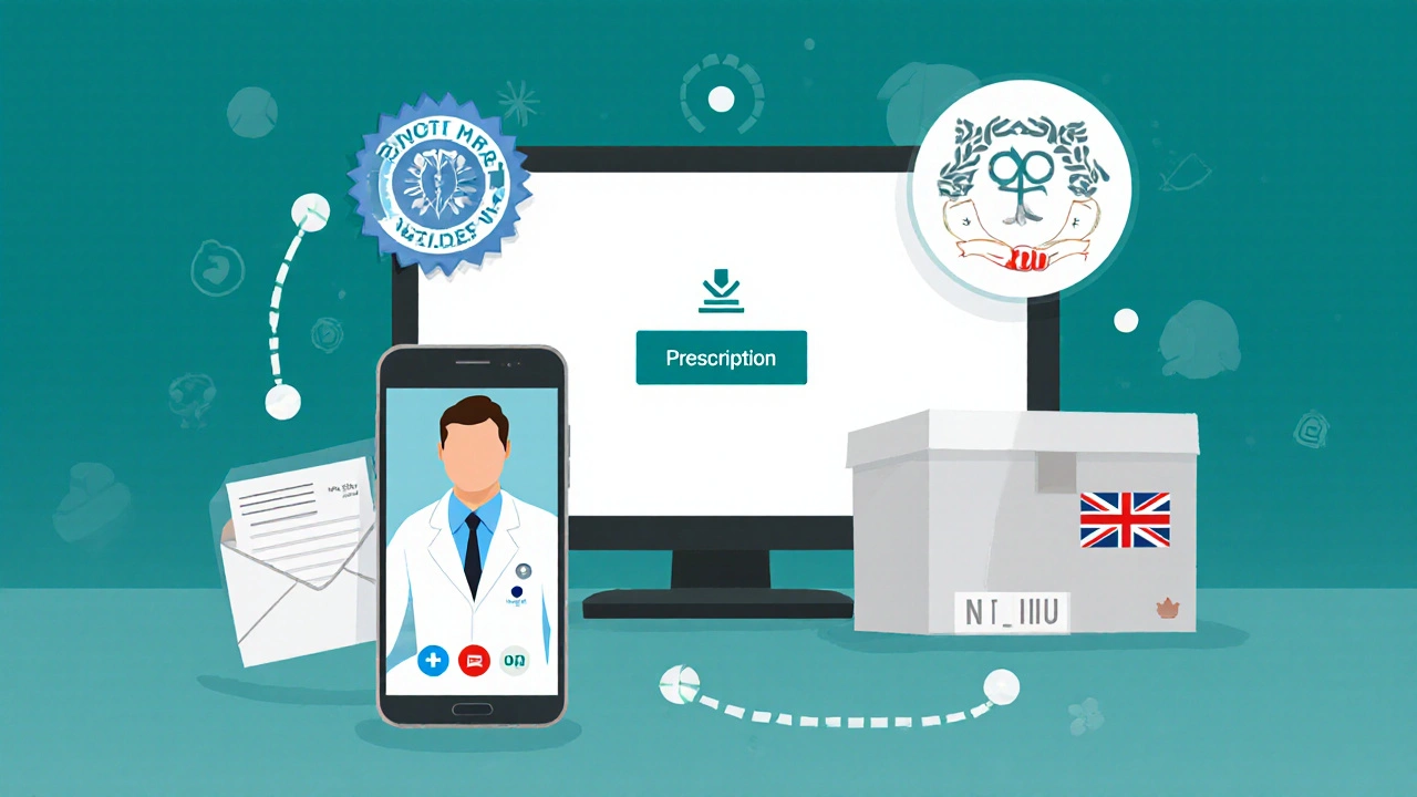 Illustration of the online prescription verification steps with doctor video call and accreditation icons.
