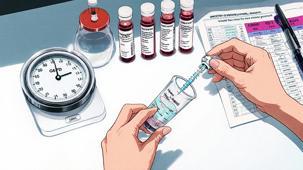 Lab setup showing G6PD test, blood samples, and measured dapsone dose.