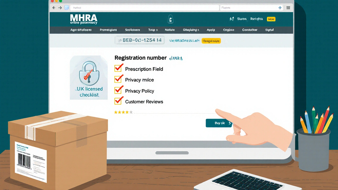 Laptop screen with pharmacy site checklist and a delivery box on a desk.