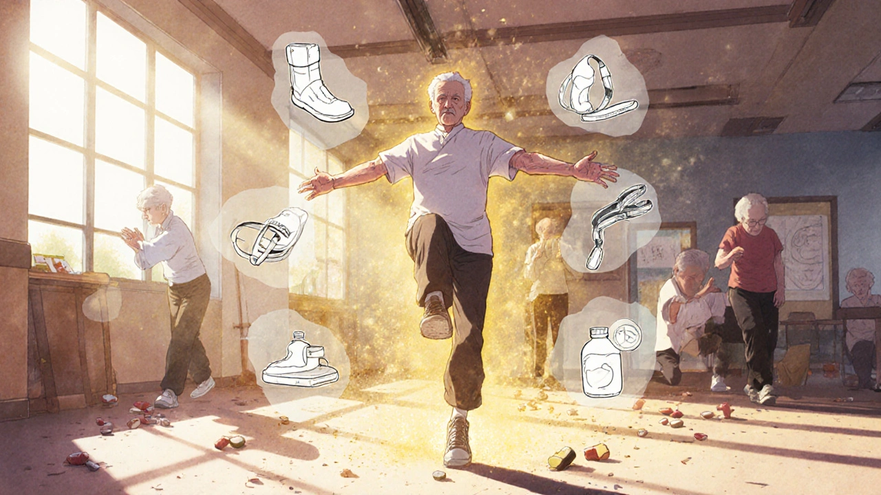 Older adult doing balance training with glowing exercise icons, pill bottles crumbling in background.