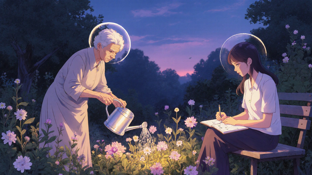 Older woman gardening while caregiver records activity in a logbook.