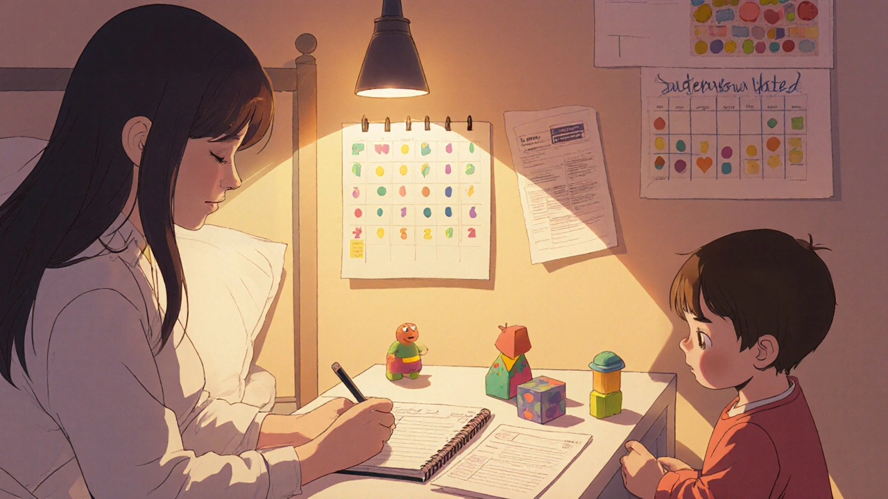 Parent recording medication notes while child plays at home.