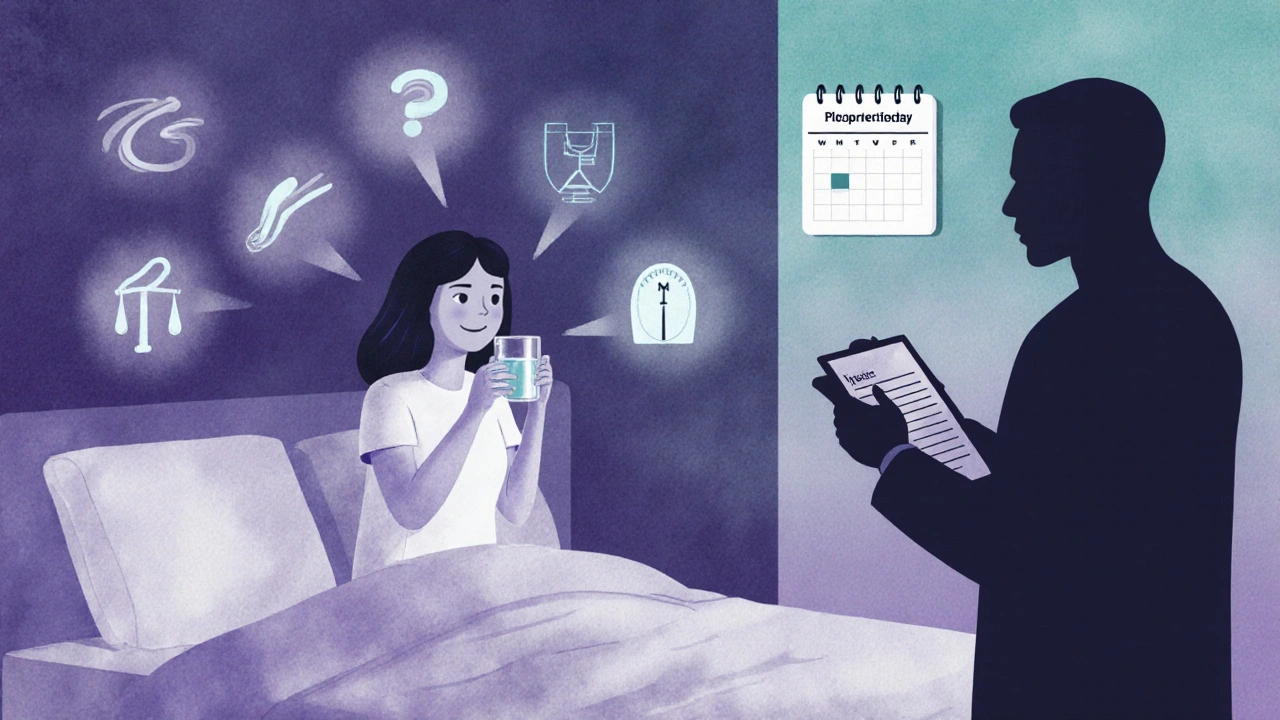 Patient drinks water in bedroom while side‑effect icons fade, doctor silhouette nearby.