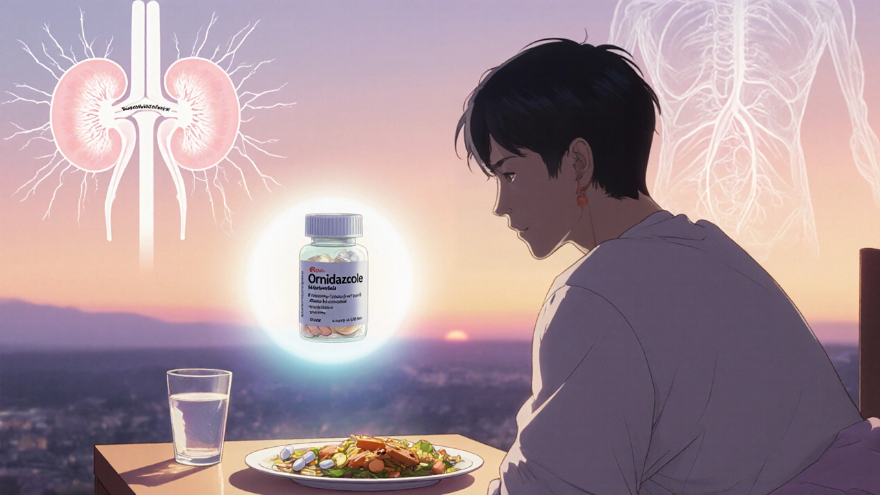 Patient with Ornidazole bottle, subtle aura hints at side‑effects, background kidney and nerve.