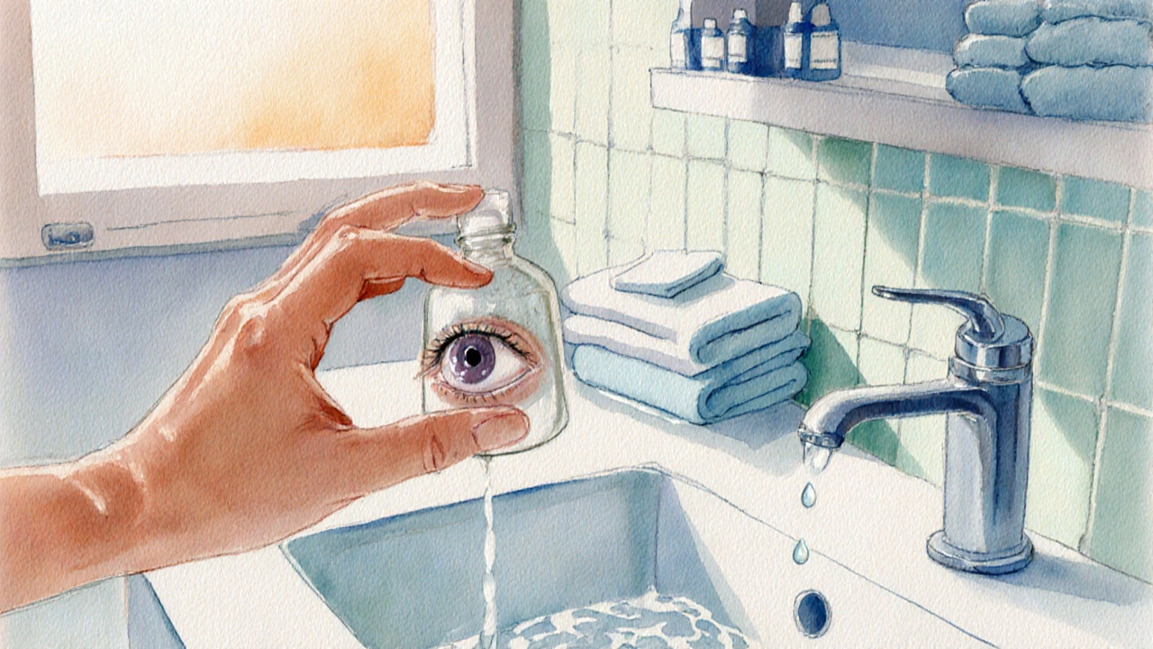 Person applying eye drops correctly in a sunny bathroom with hand‑washing sink.