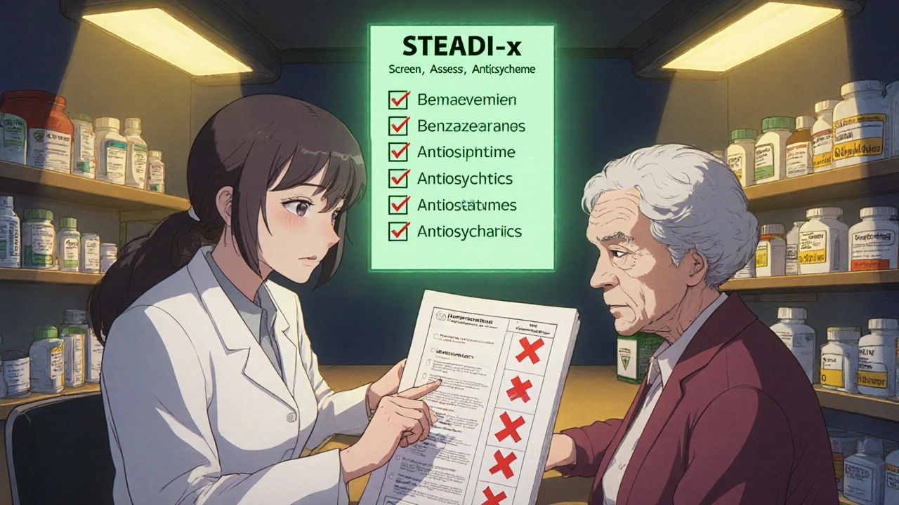 Pharmacist reviewing medications with elderly woman using STEADI-Rx checklist at pharmacy counter.