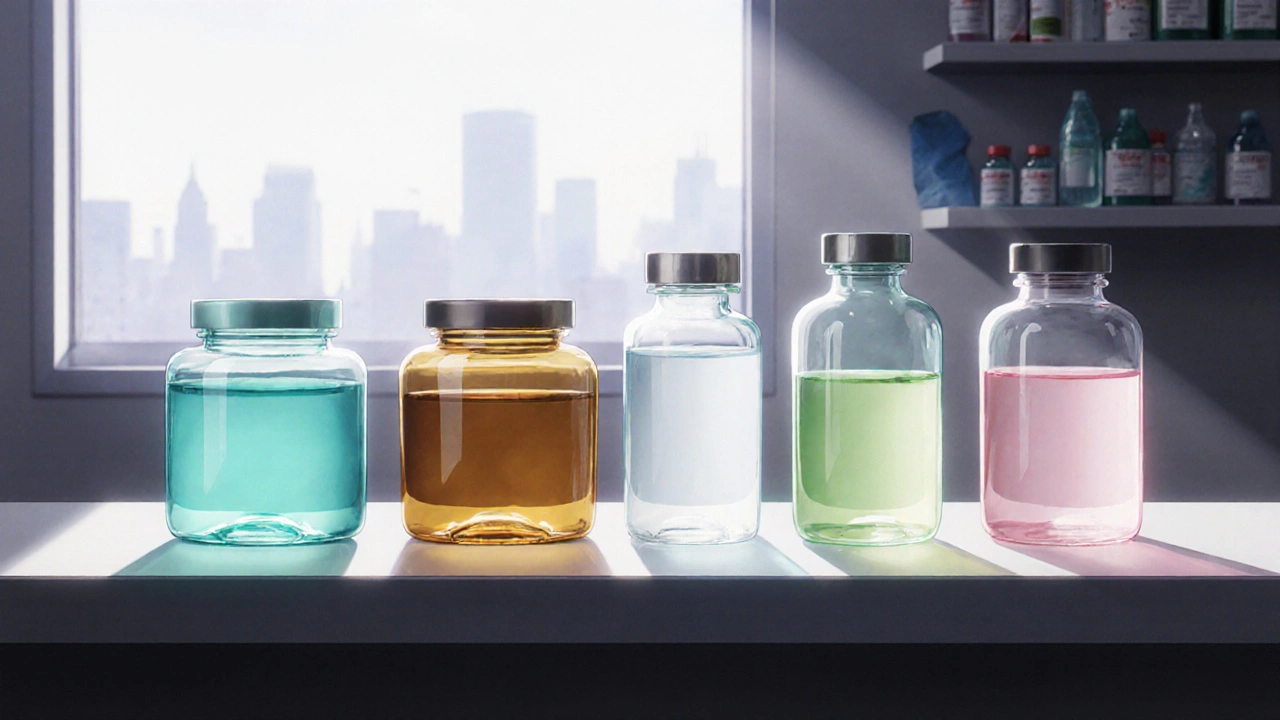 Pharmacy counter displaying colorful bottles of various antiepileptic drugs.