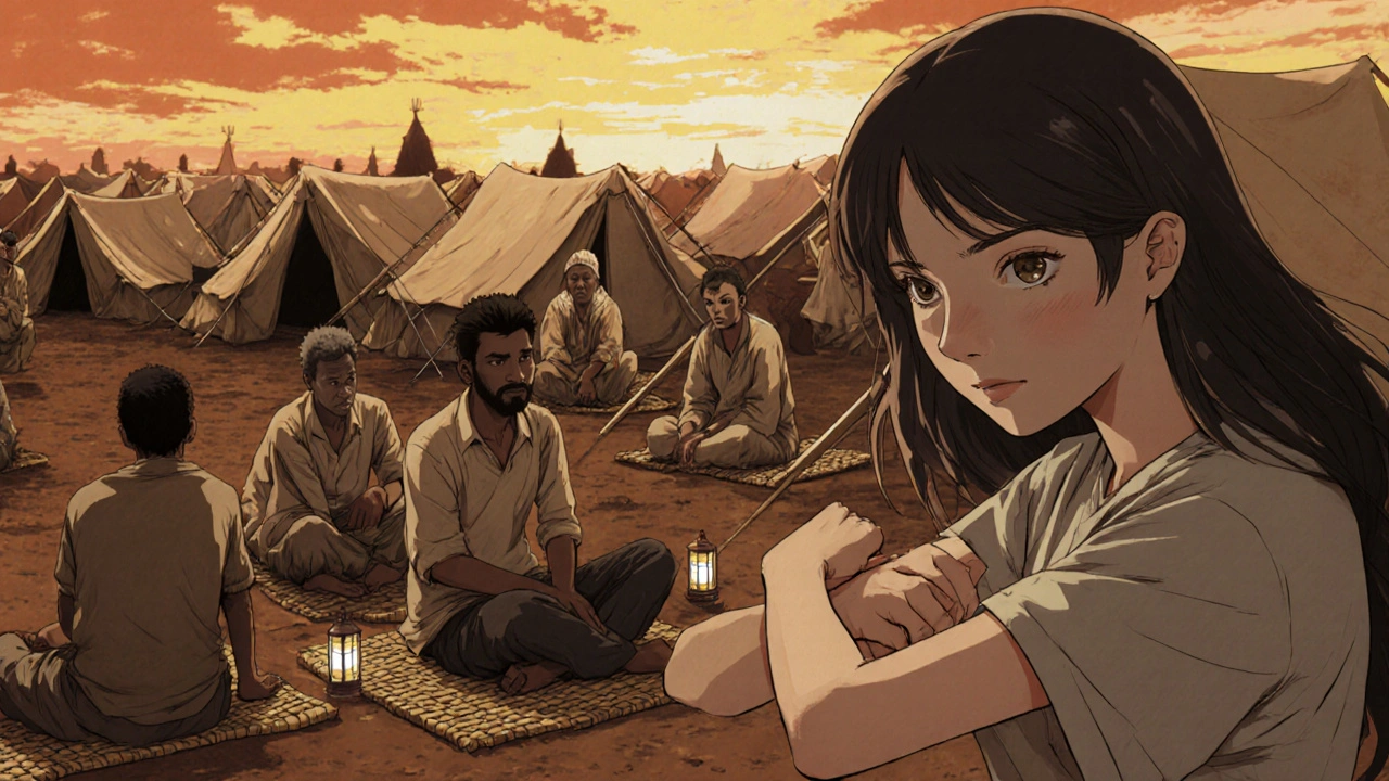 Refugee camp at sunset with a woman scratching her arm and others looking concerned.