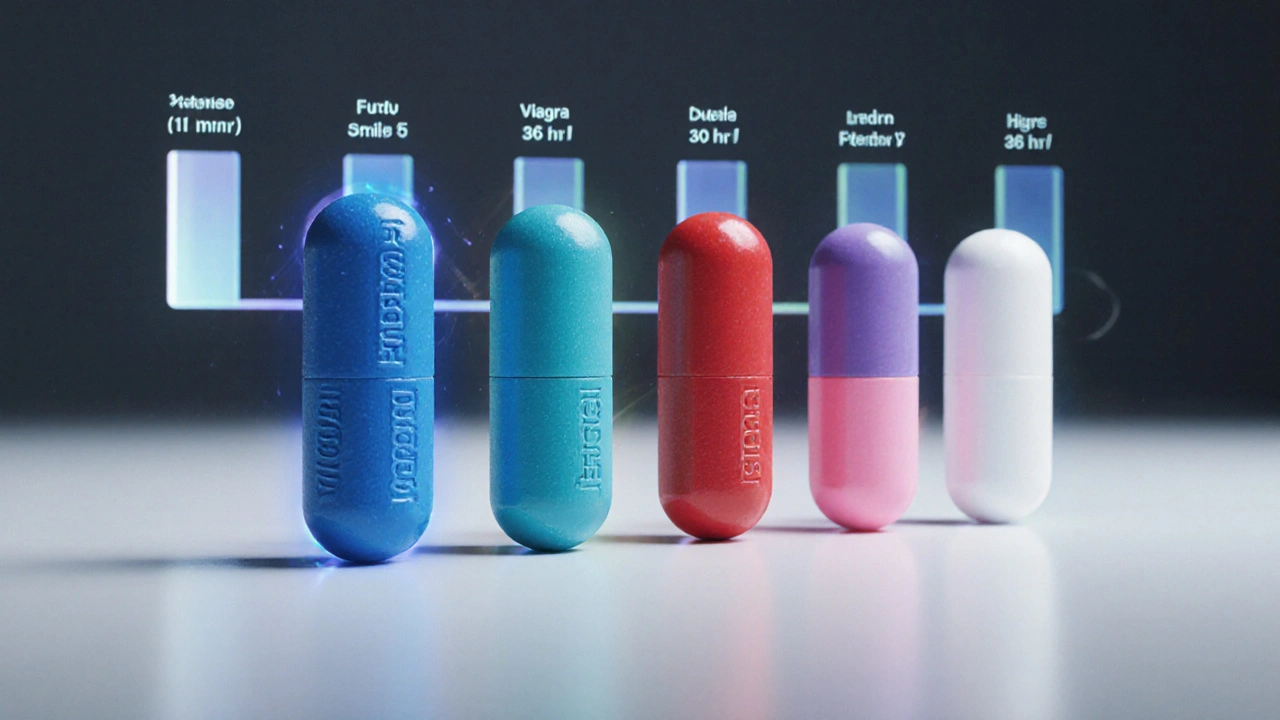 Six different pills lined up on a table, each with a glowing halo indicating onset speed and duration.