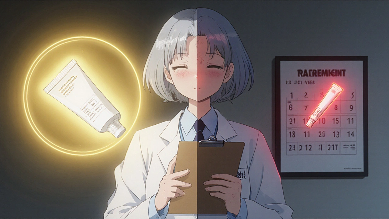 Split‑screen showing calcipotriene versus steroid tubes with a dermatologist pointing between them.