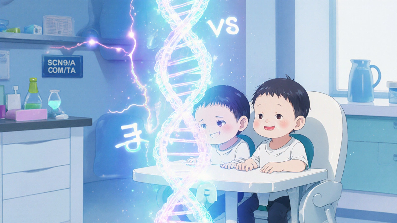 Twin infants with glowing gums, DNA helix and gene symbols showing pain pathways.