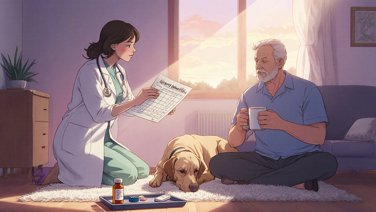 Vet explains tapering plan to a pet owner while a Labrador relaxes nearby.