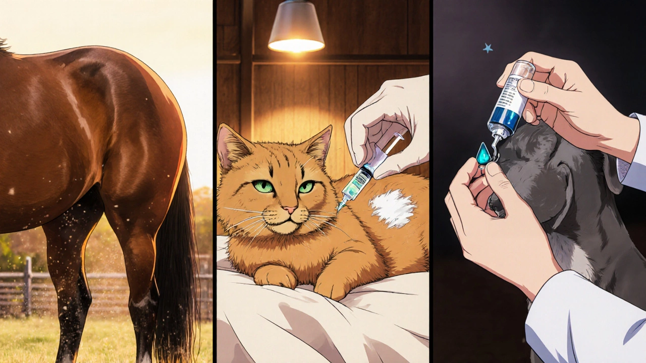 Vet gives betamethasone injection to a horse, cream to a cat, and eye drops to a dog.