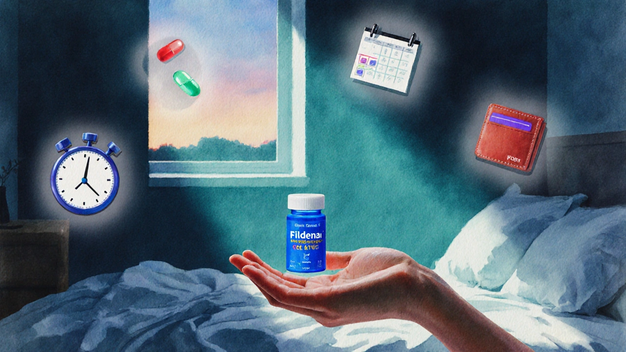 Watercolor of a hand holding a blue pill with faint icons for speed, duration, and cost floating around.