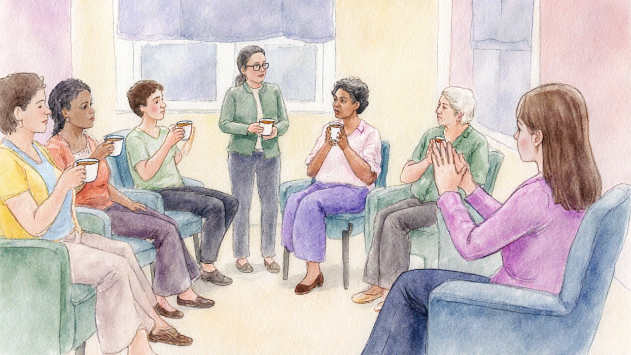 Watercolor scene of a supportive group practicing mindfulness together.