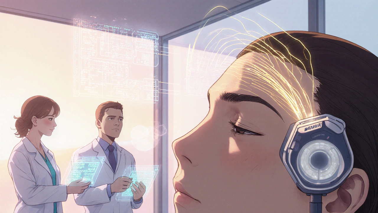 A biosensor on a patient’s temple predicts respiratory failure, with holographic drug trials glowing in the background.