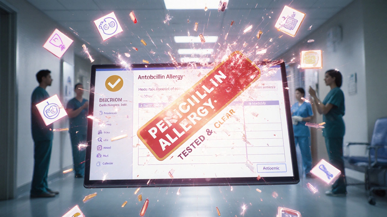 A digital medical record shattering a false allergy label into golden fragments, replaced by a clear confirmation.